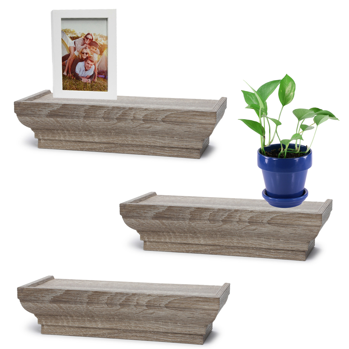 Set 3 Crown Molding Wood Ledge Floating 12" Wall Shelves for Pictures & Frames eBay
