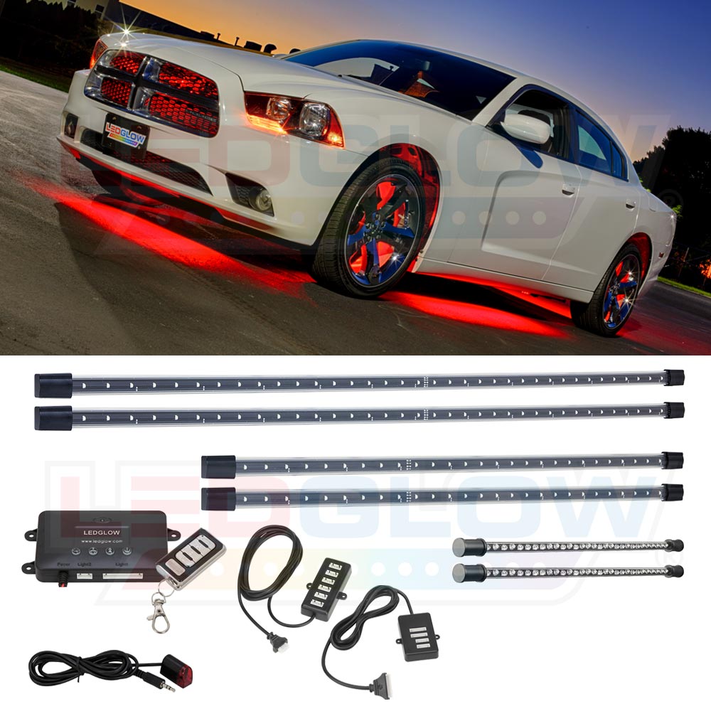 LEDGlow 4pc Red Wireless Underglow Underbody LED Light Kit w 2pc Neon