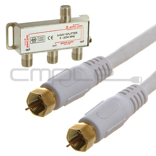 50FT RG 6 FType Cable RG6 White + 3 Way Splitter 52050MHz FType Coax