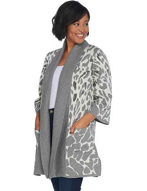 Isaac Mizrahi Berry Animal Leopard Jacquard 3//4 Sleeve Cardigan Sweater New