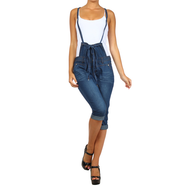 Bonage Fashion Designer Women's Denim Blue Jean Capri Cropped Overall