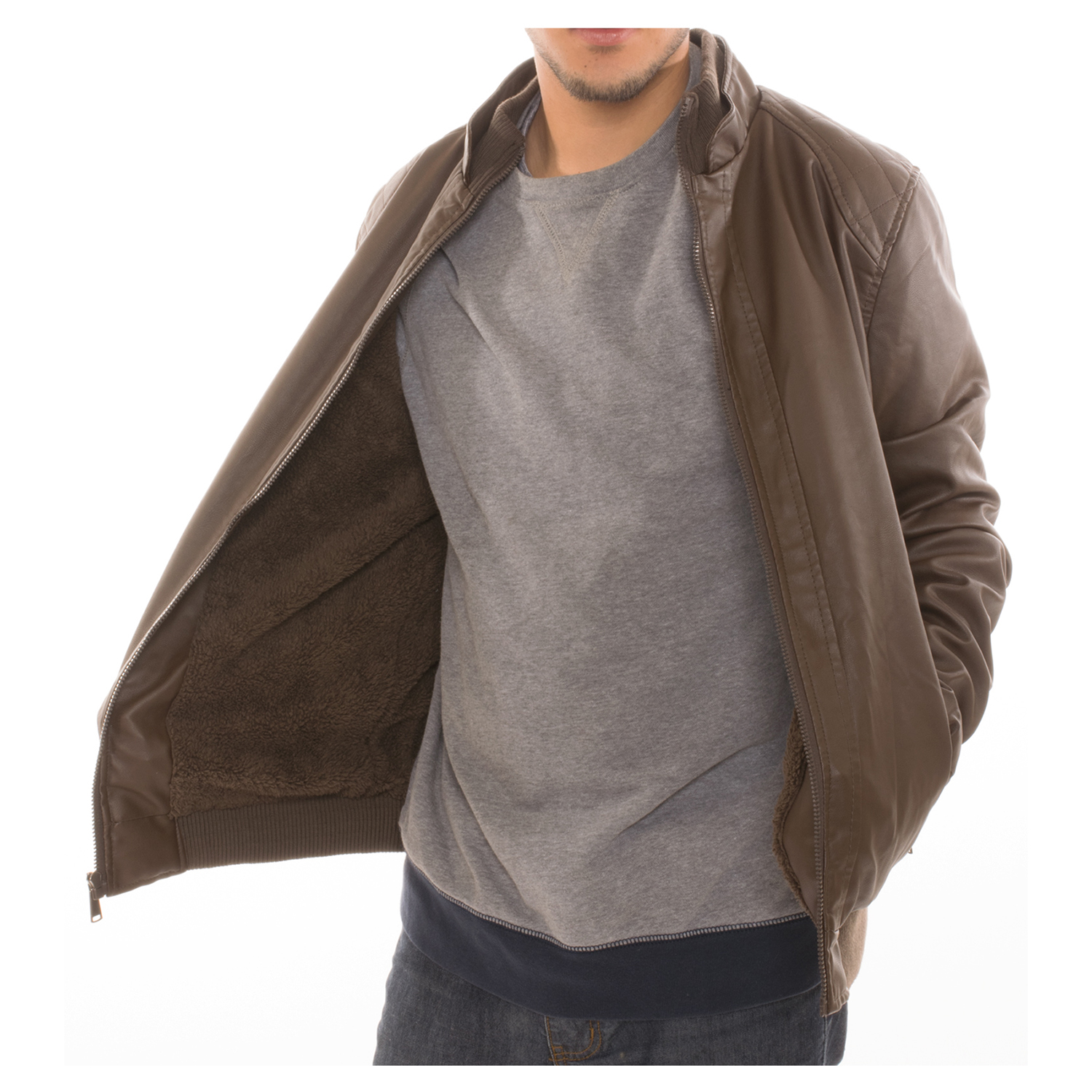 Alta Men's Motorcycle Bomber Faux Leather Jacket Fleece Lined with Zip