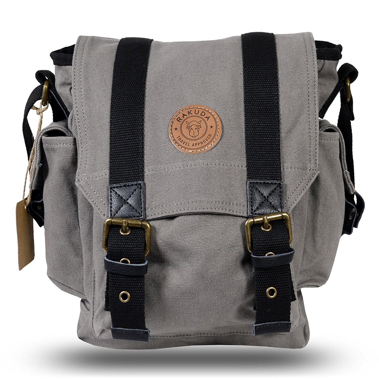 Rakuda Messenger Canvas Travel Bag with Side Pockets and Leather Trim