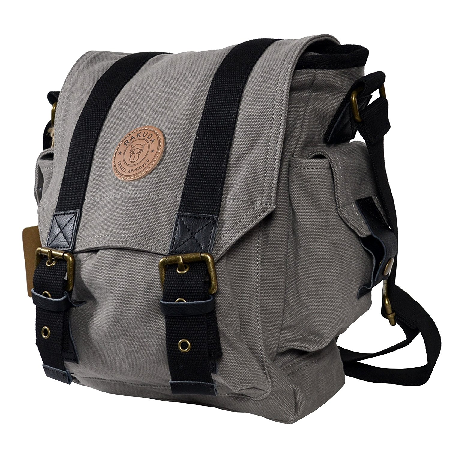 Rakuda Messenger Canvas Travel Bag with Side Pockets and Leather Trim
