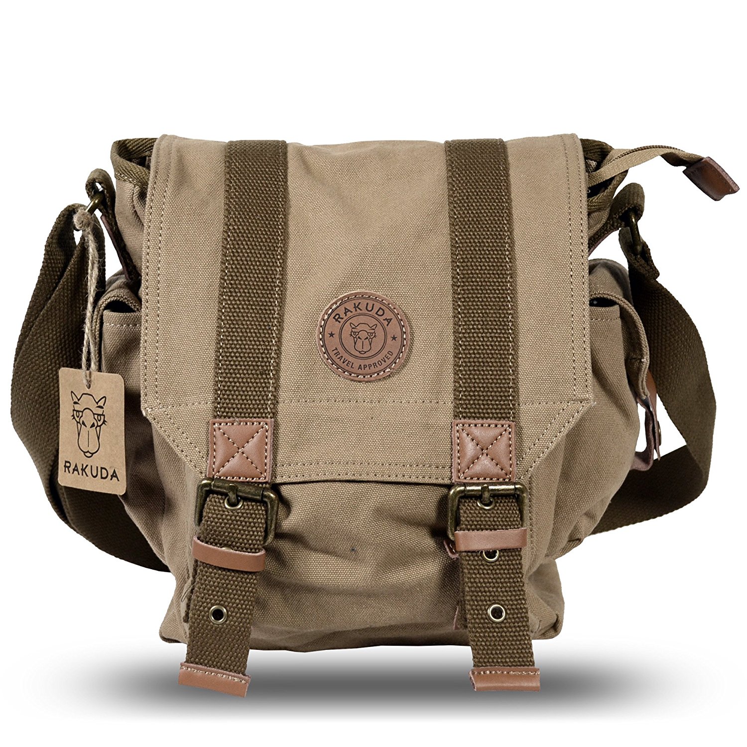 Rakuda Messenger Canvas Travel Bag with Side Pockets and Leather Trim
