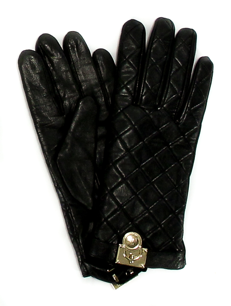 Michael Kors Quilted Leather Padlock Gloves Black / Gold Women's Size