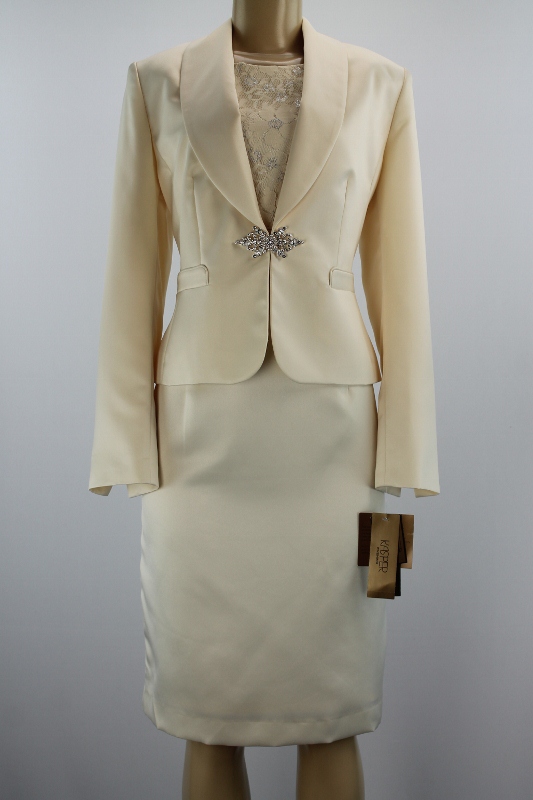 Kasper women dress suit "Kasper Evening" dress jacket set satin beige size 8P