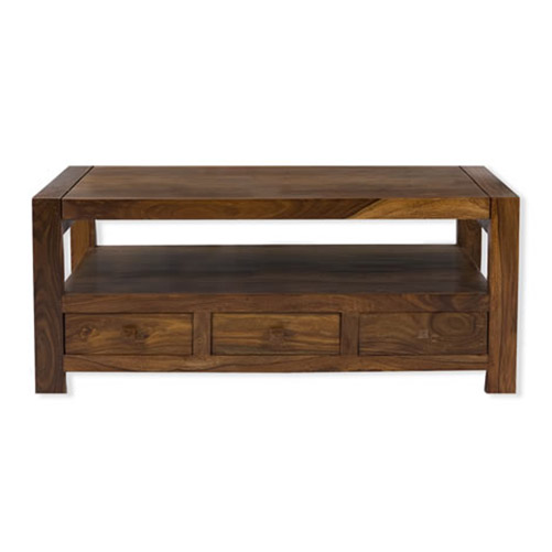 Dhaka Coffee Table Solid Sheesham Wood 3 Drawers, Shelf Dark