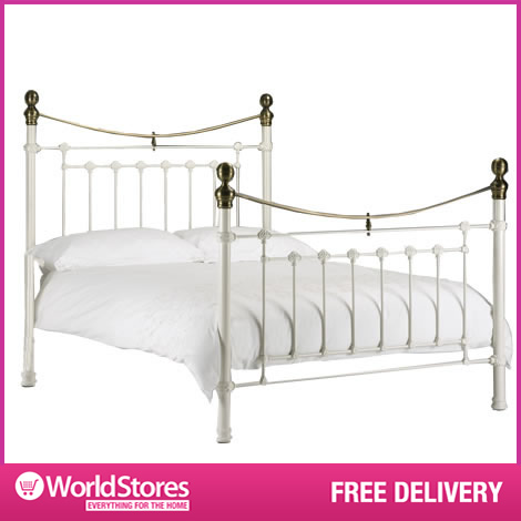 Bed Frame Single Victoria in Stone White and Brass Metal Cheap enlarged preview