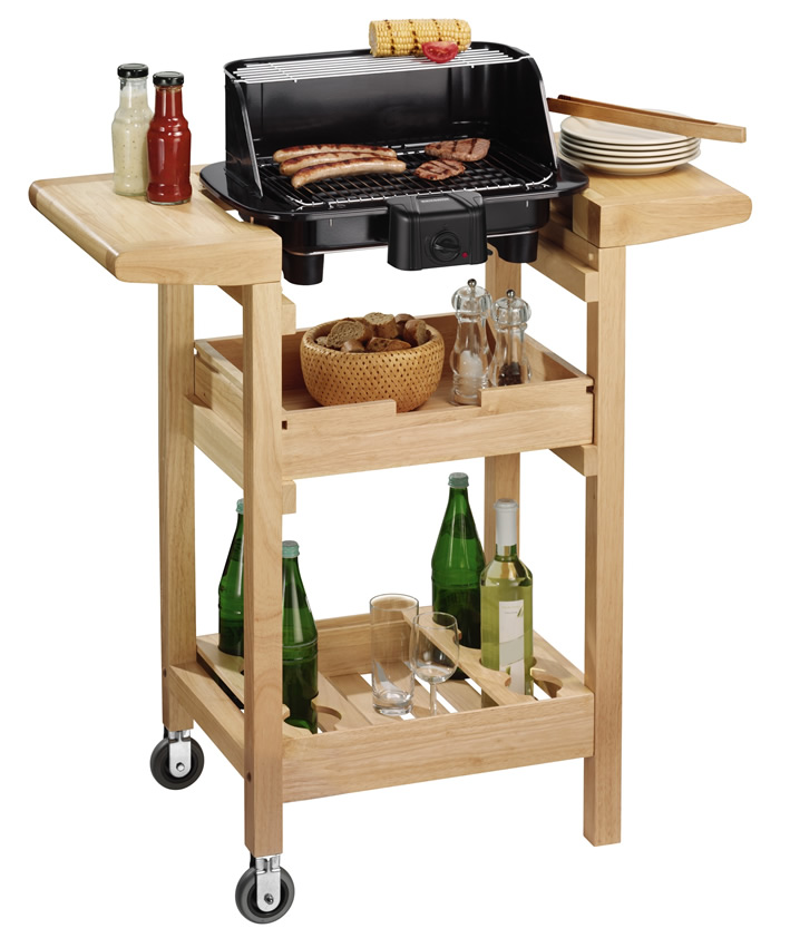 Kitchen Trolley and BBQ Grill with Wooden Cart Storage Surface Trolly
