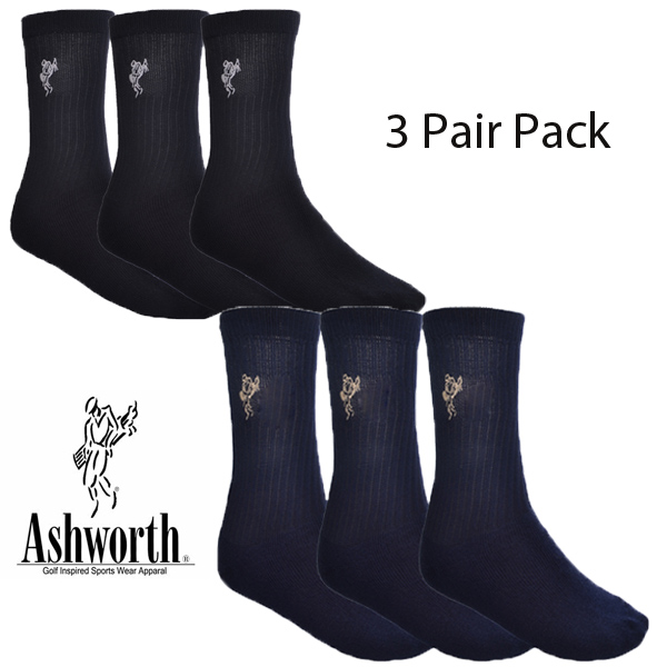 Ashworth Mens Cotton Golf Socks 6.5 - 11.5 US 3 X Pairs Black / Navy Sports Work