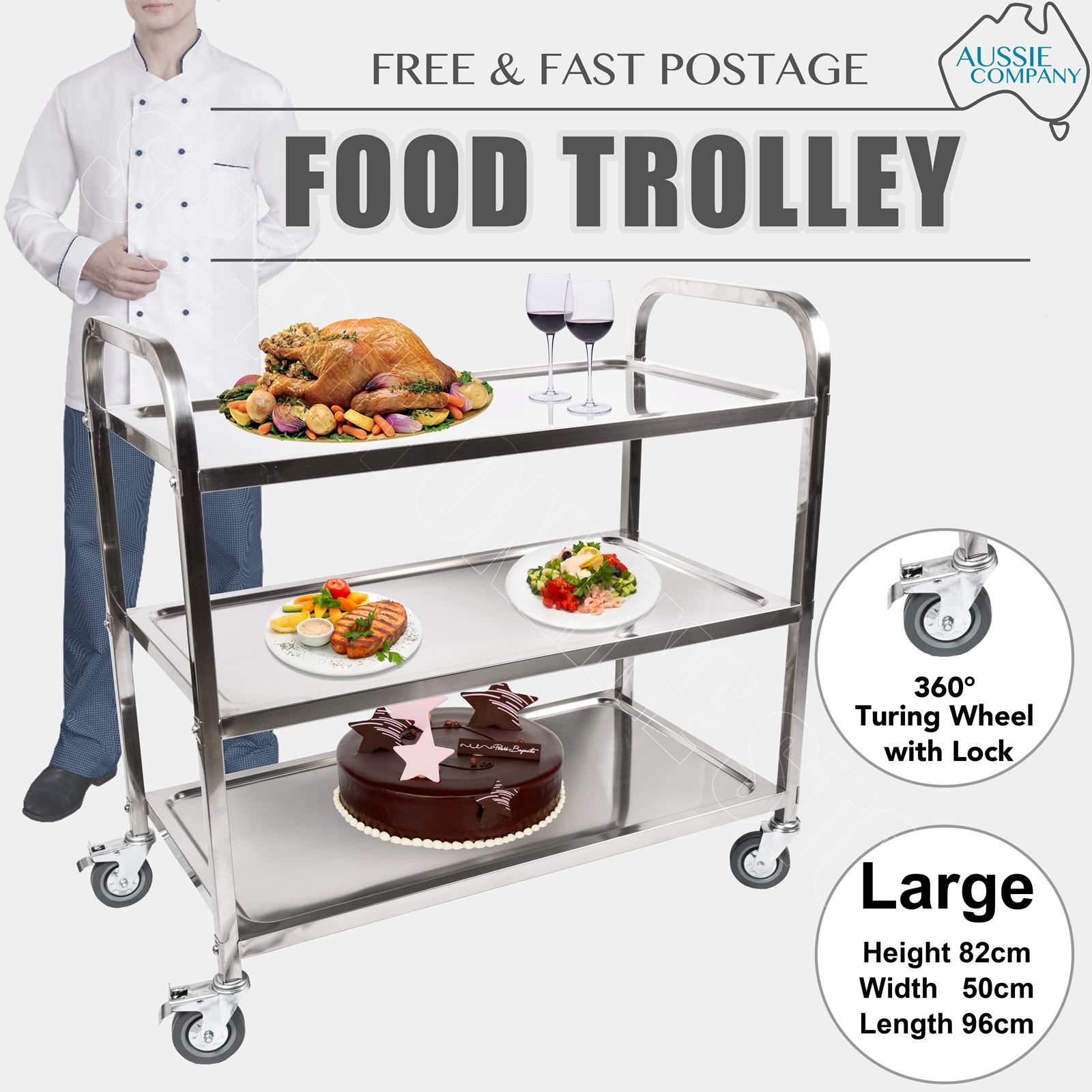 3 Tiers Food Trolley Cart Stainless Steel Utility Kitchen Dining