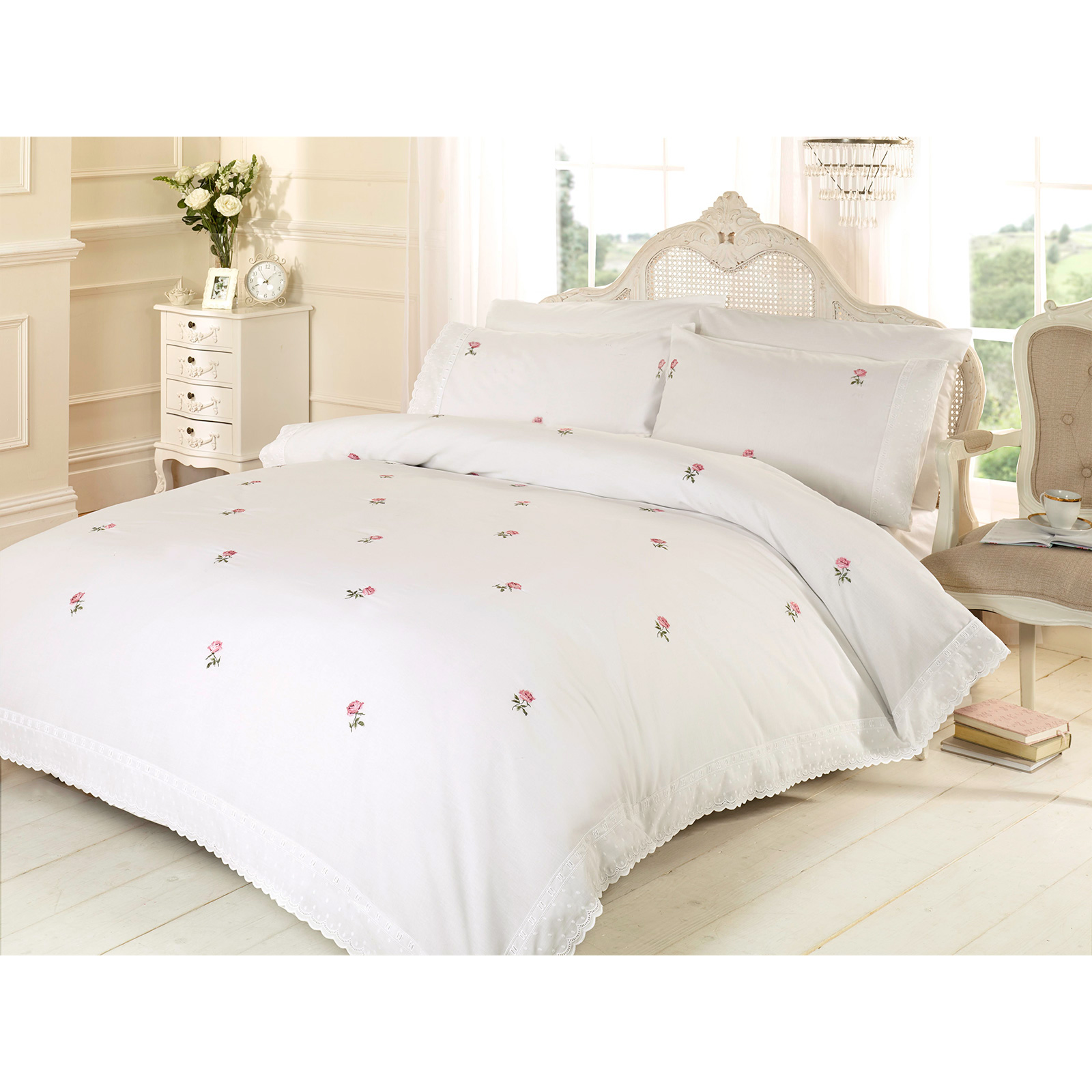 Vintage Floral Lace Duvet Quilt Cover Broderie Anglasie Bed Set