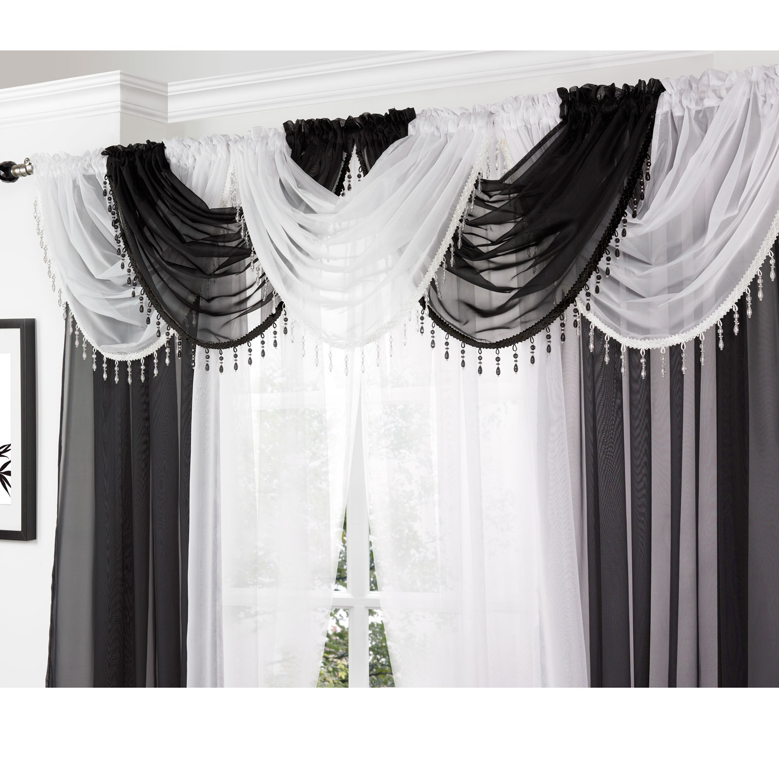 Crystal Beaded Voile Swag Net Valance Pelmet For Curtains Slot Top