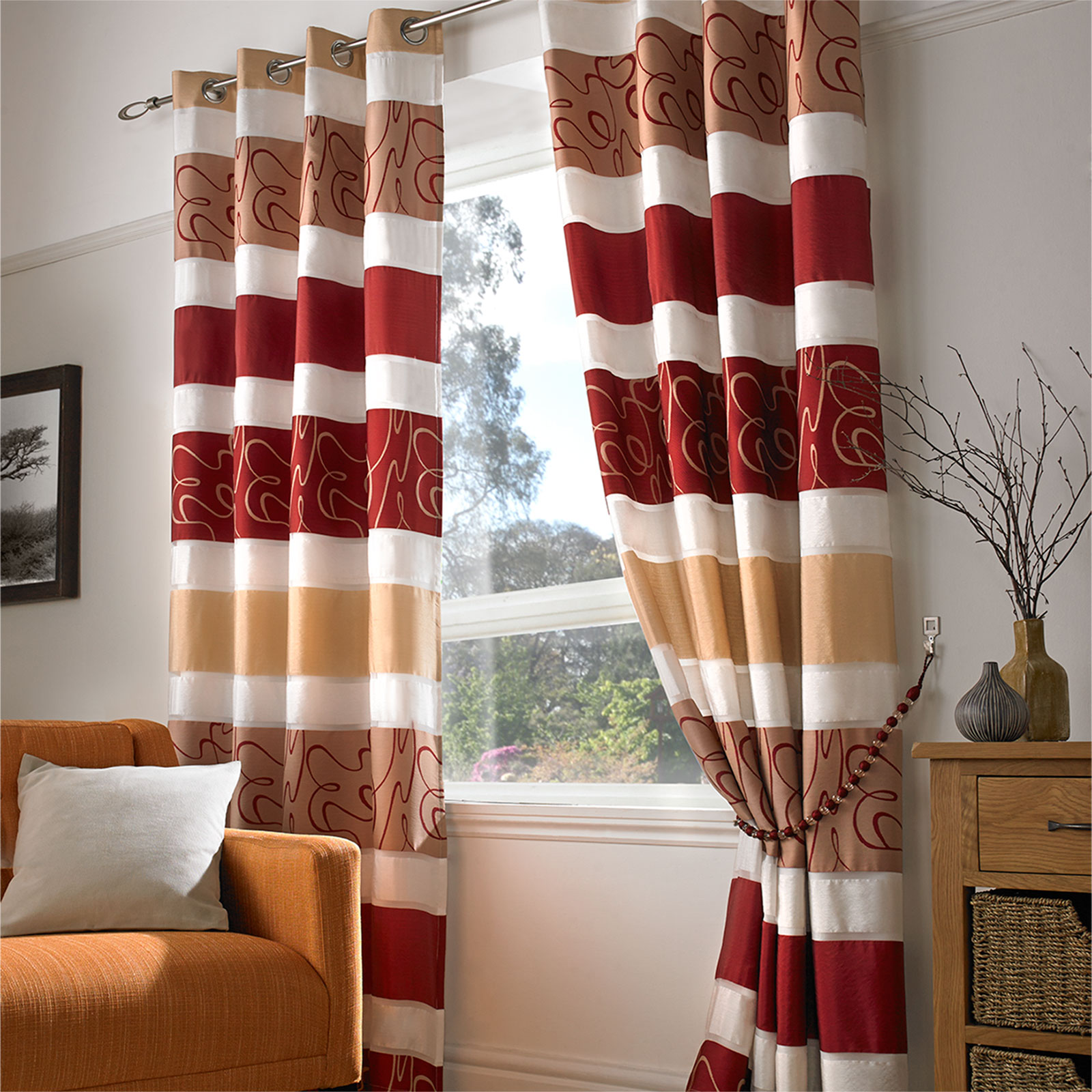 Striped Organza Eyelet Voile Curtains with Jacquard Pattern 2 Panels