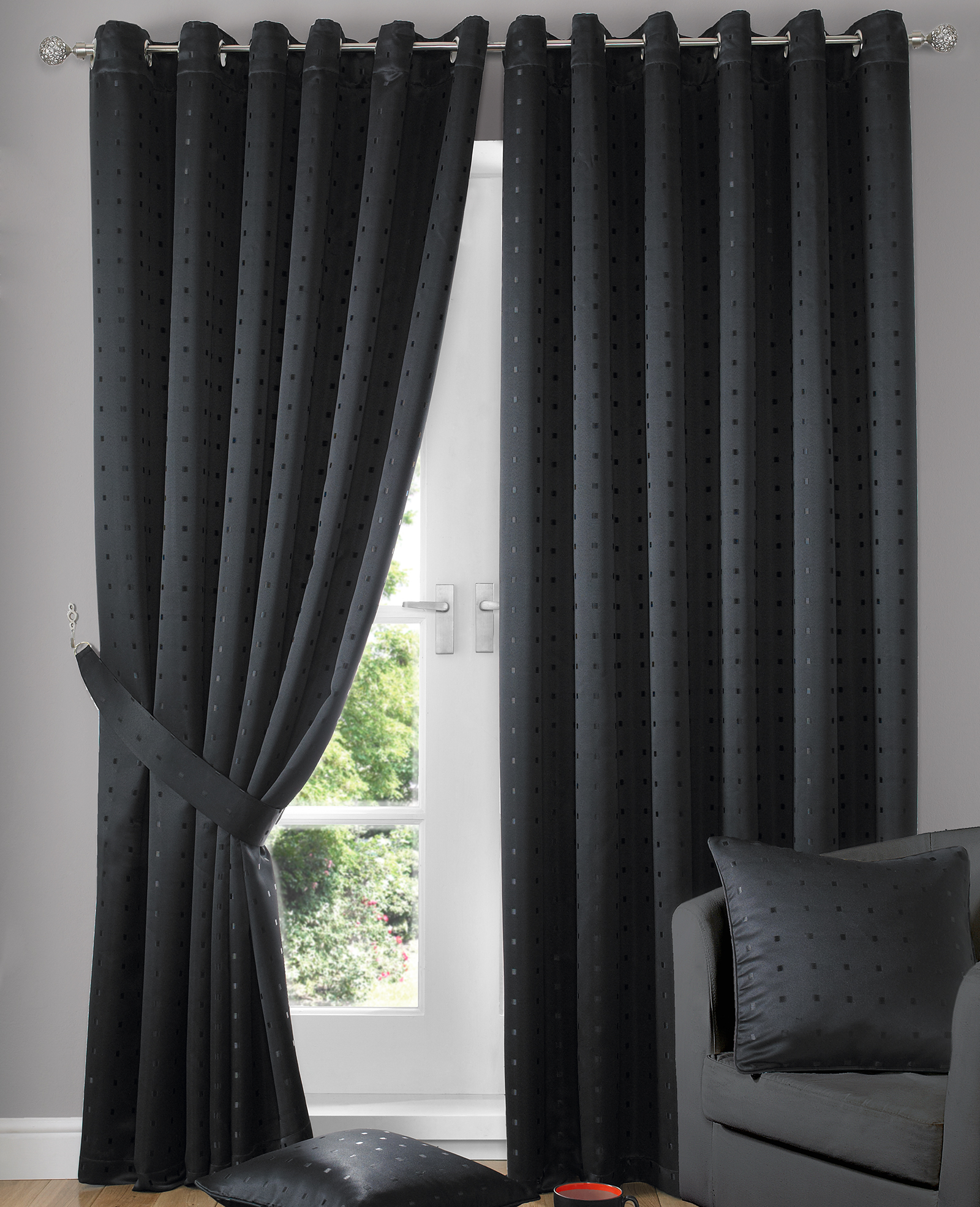 Ring Top Fully Lined Jacquard Curtains with Woven Square Pattern