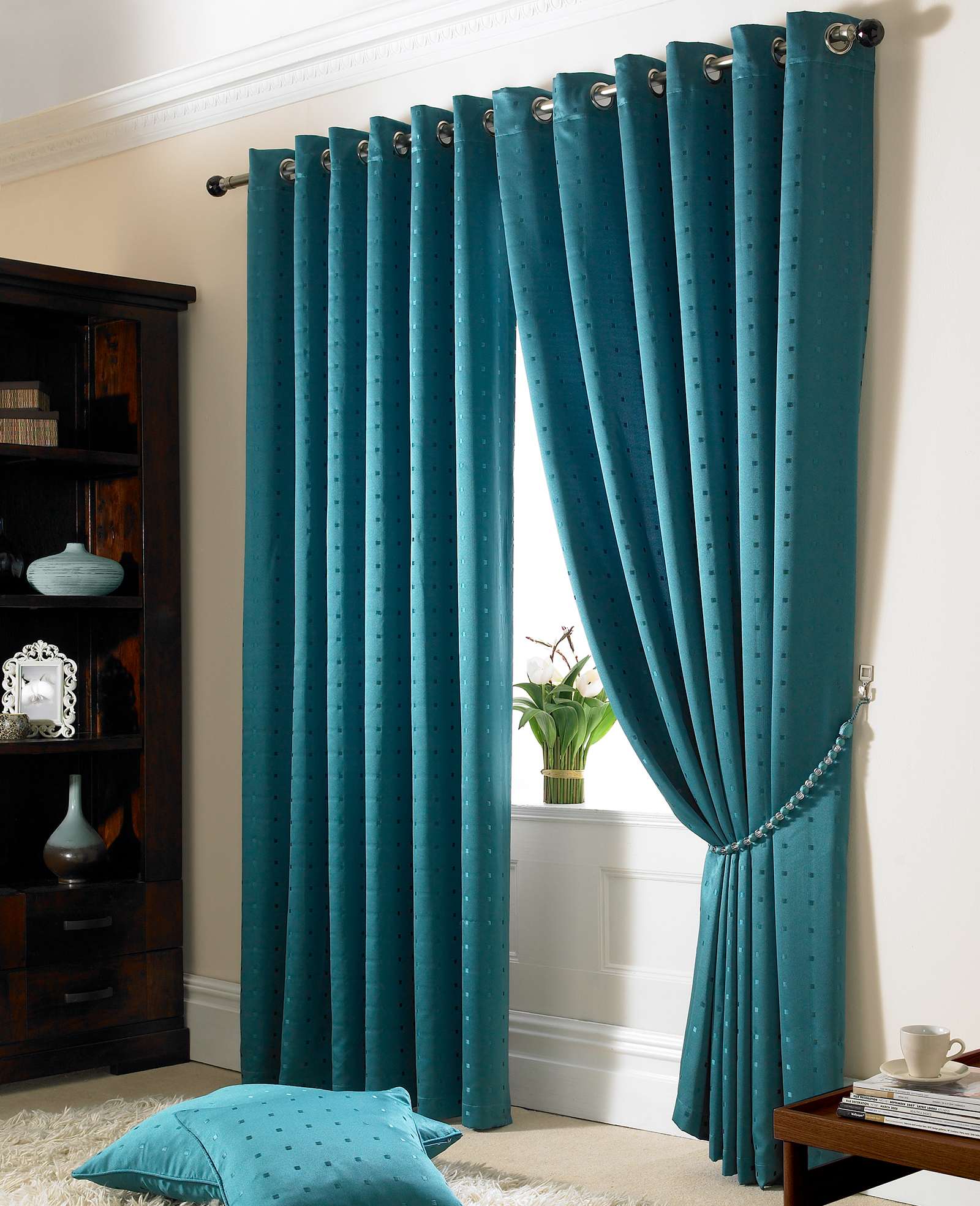 Ring Top Fully Lined Jacquard Curtains with Woven Square Pattern
