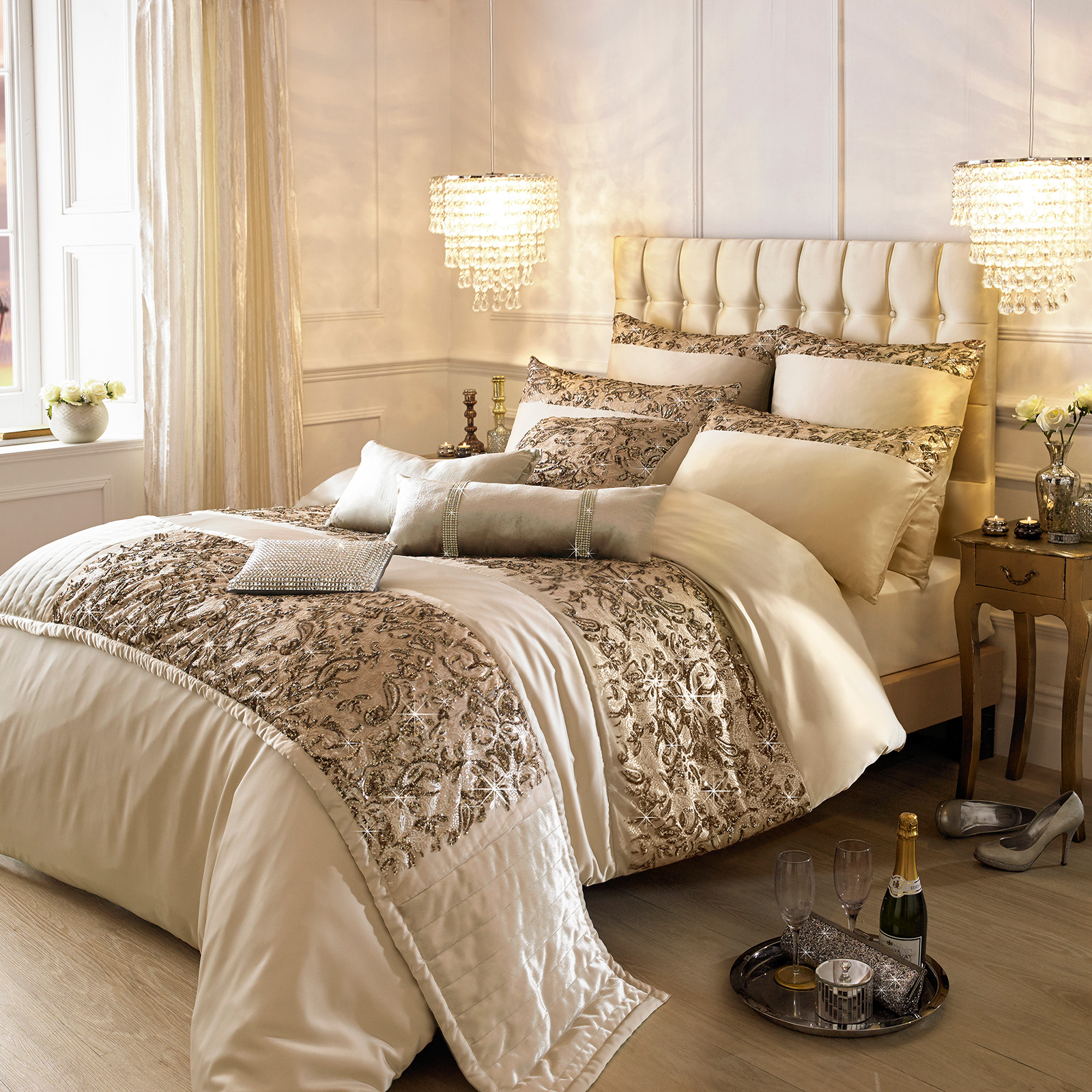 Alexa Kylie Minogue Luxury Duvet Cover with Scroll Sequin in Faux Satin