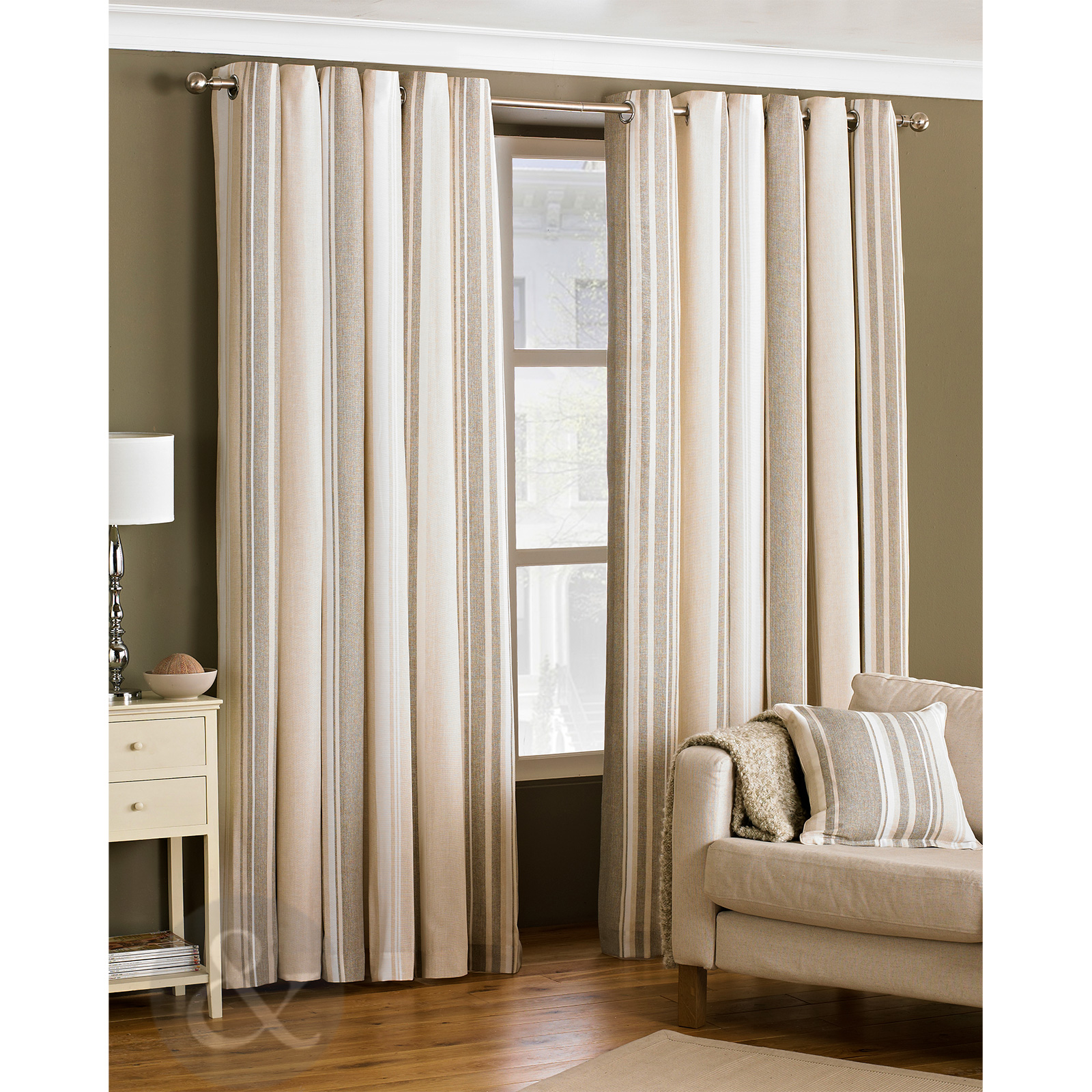 Ready Made Striped Eyelet Curtains Modern Ring Top Fully Lined