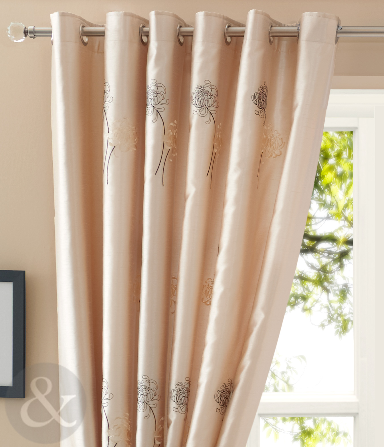 Milan Lined Voile Curtains Embroidered Floral Ring Top Eyelet Curtain