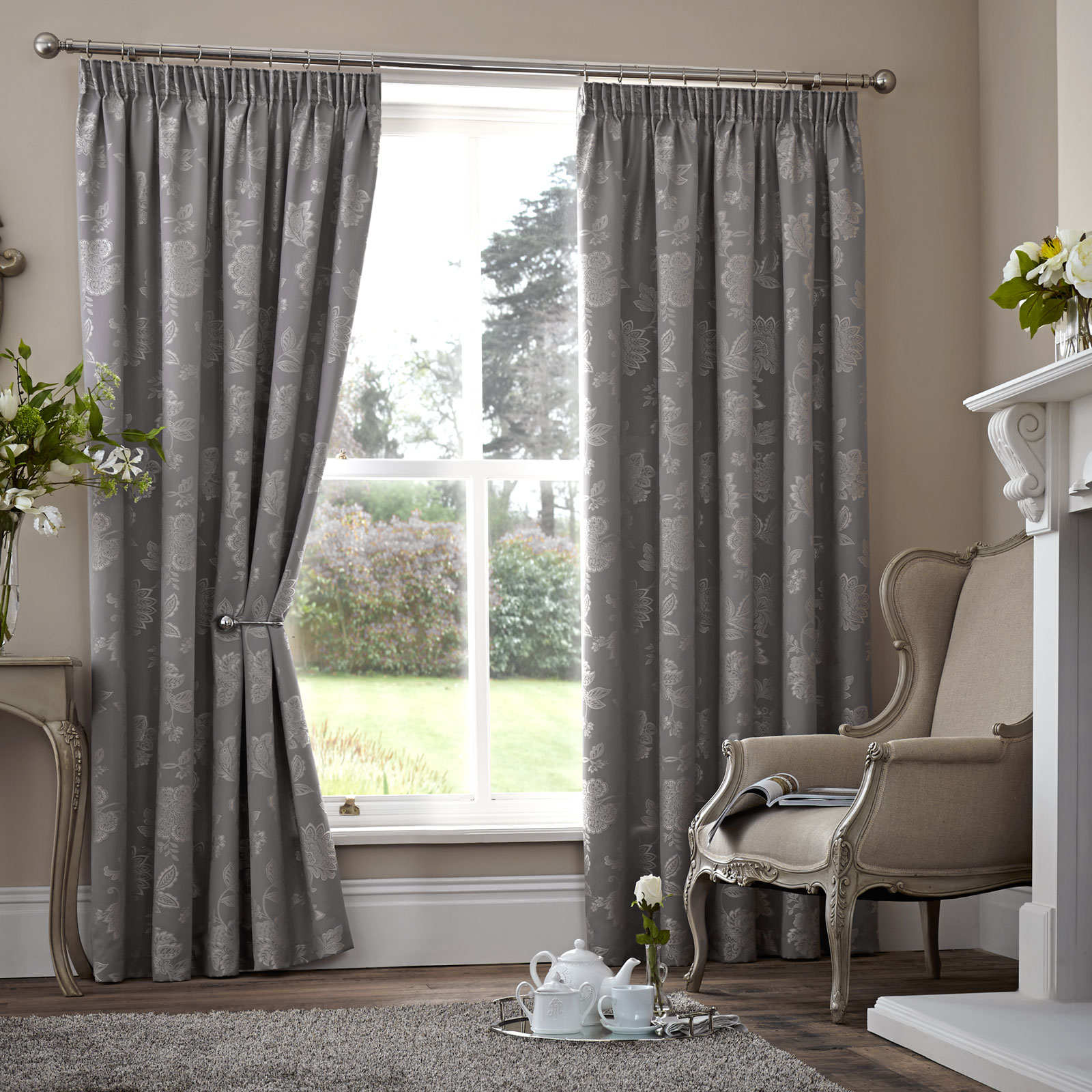 Floral Jacquard Thermal Curtains Pair Ready Made Pencil Pleat eBay
