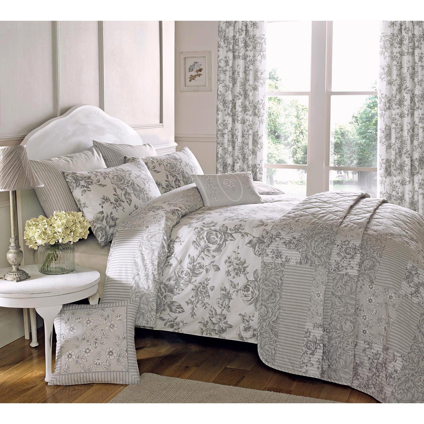 French Country Toile Duvet Cover With Florals & Reversible Patchwork Stripes eBay