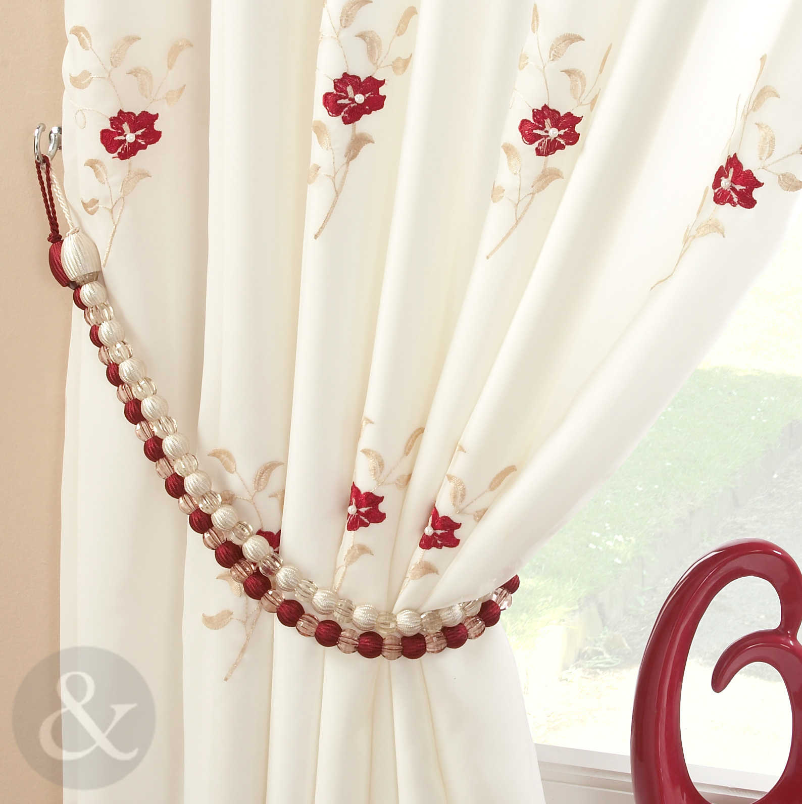 Pearl Lined Voile Curtains Floral Embroidered Pencil Pleat Ready Made