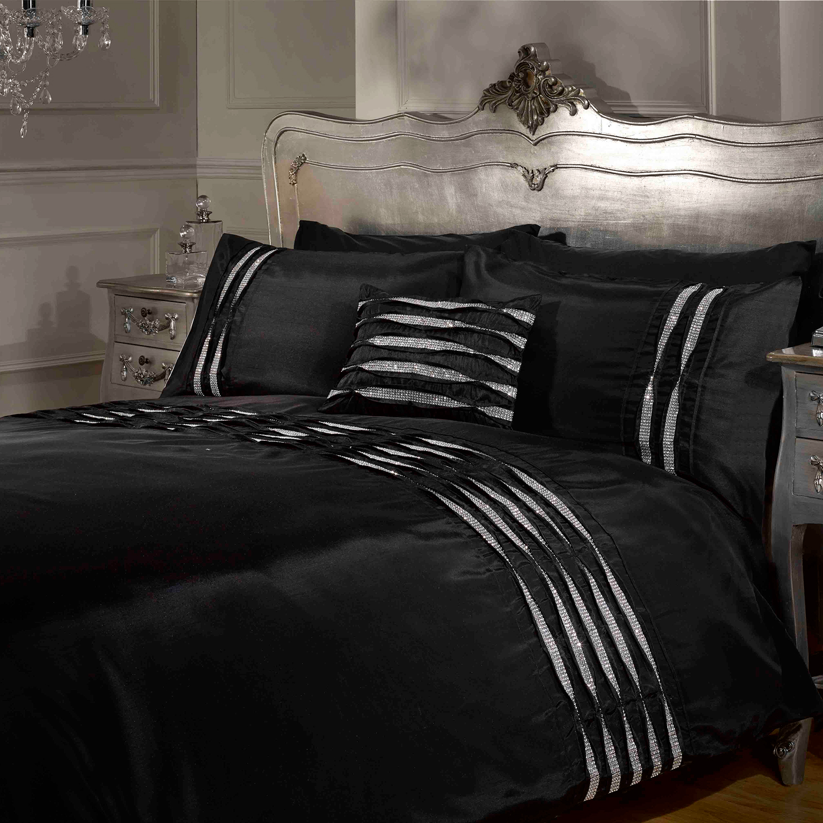 Luxury Crystal Diamante Duvet Cover Pintuck Contemporary Bedding Bed