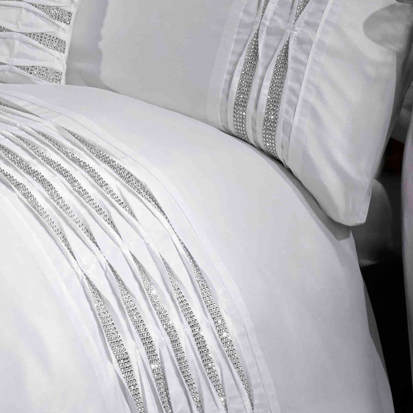 Luxury Crystal Diamante Duvet Cover Pintuck Contemporary Bedding Bed