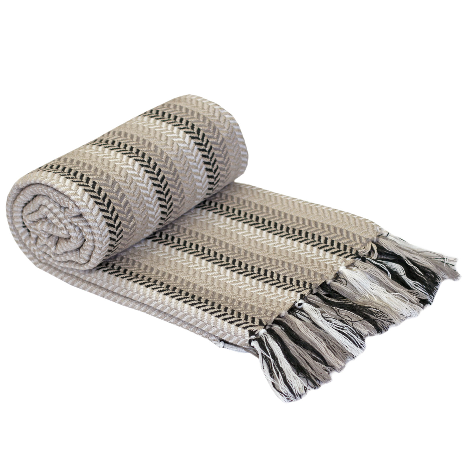 Knitted Herringbone Fringe Throw Over Blanket For Sofa Settee Bed