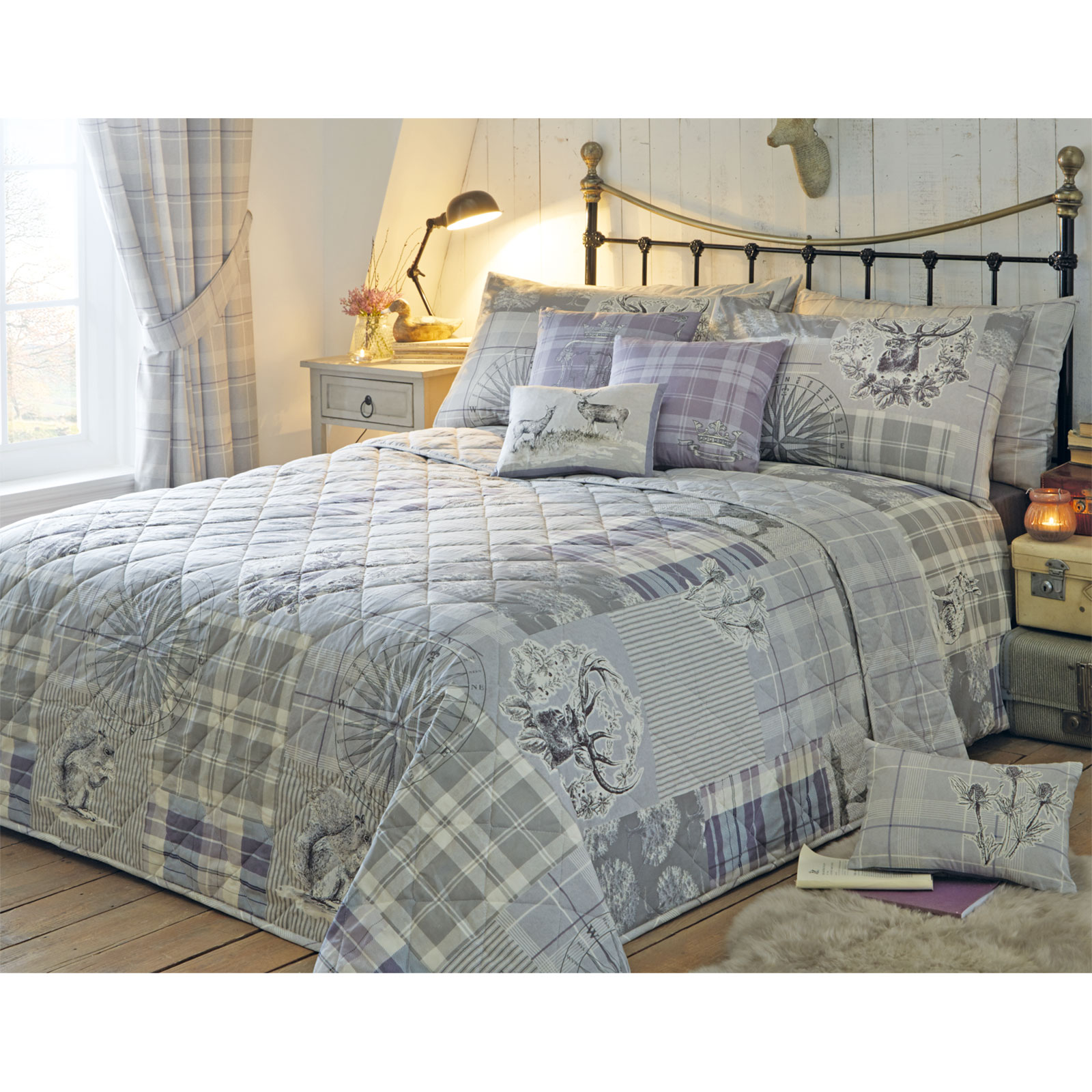 Country Tartan Patchwork Quilted Bedspread with Plaid Check Woodland