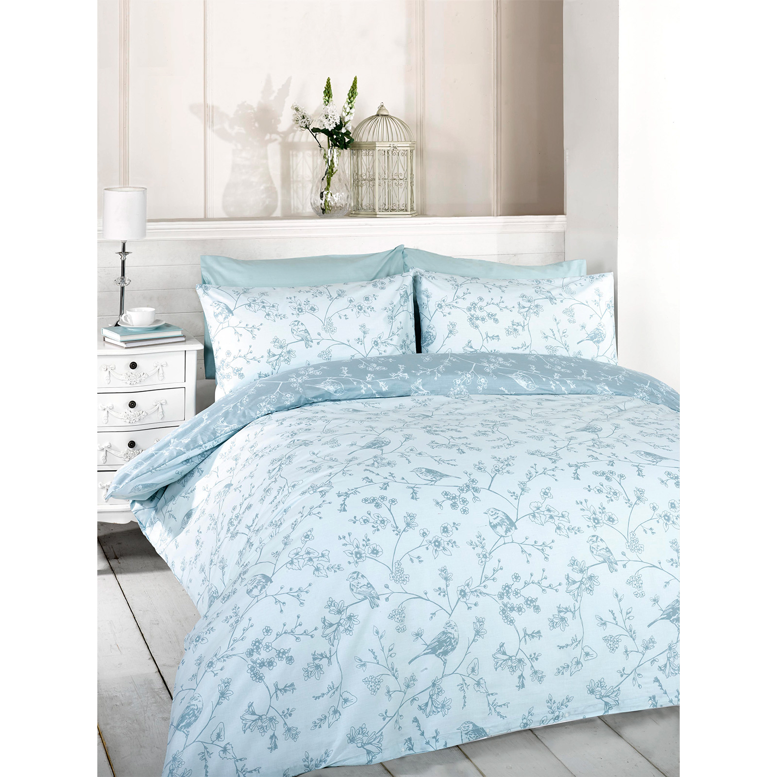 French Toile Duvet Quilt Cover Reversible Floral Bird Bed Set + Pillow Case