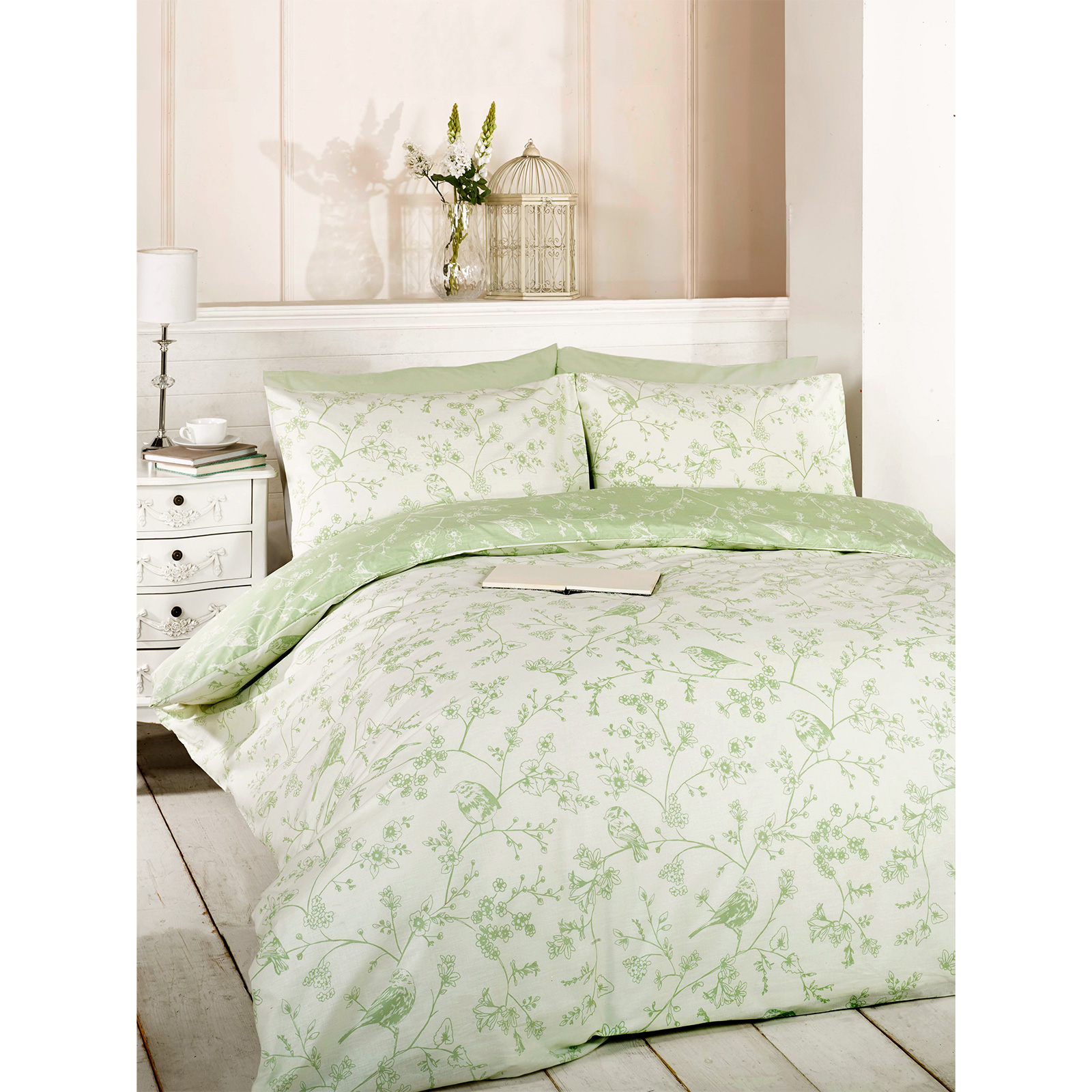 French Toile Duvet Quilt Cover Reversible Floral Bird Bed Set