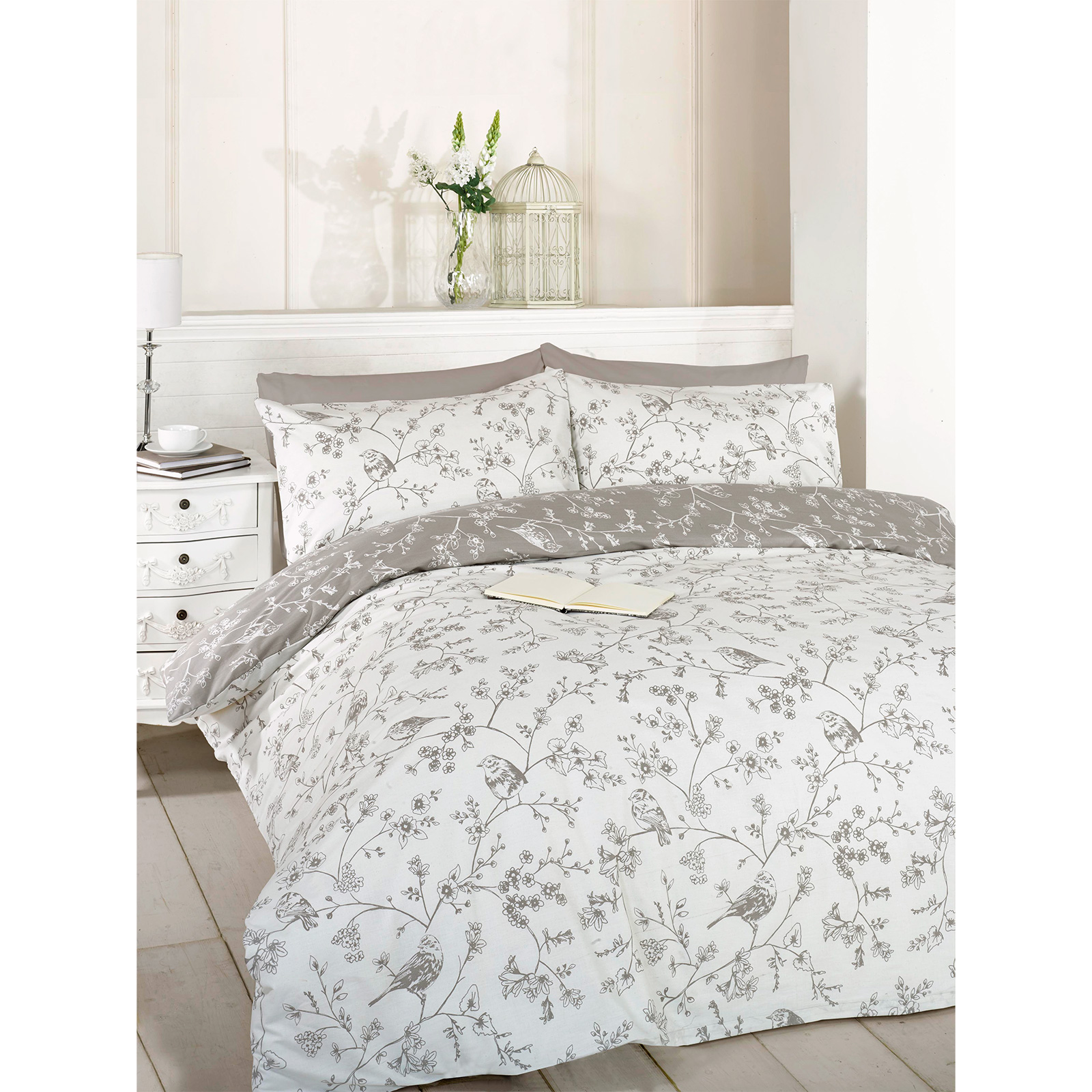 French Toile Duvet Quilt Cover Reversible Floral Bird Bed Set + Pillow Case