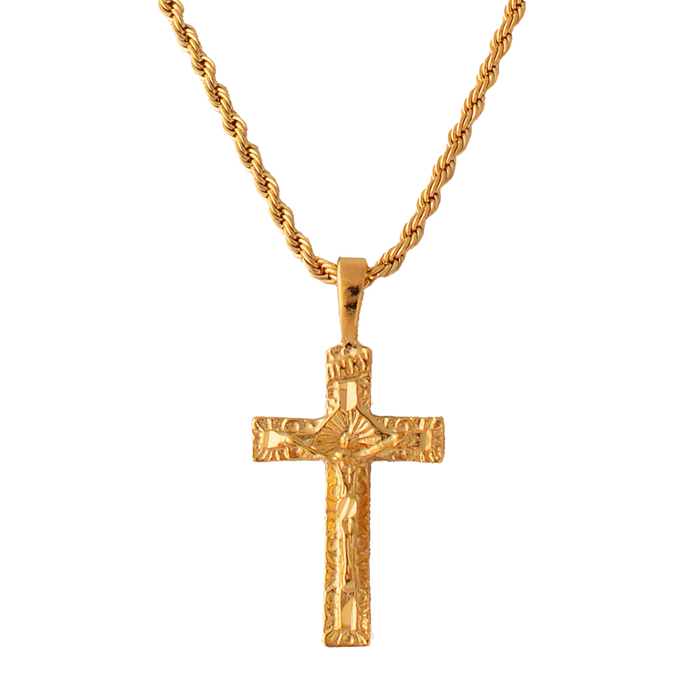 18K Gold Plated Cross Pendant On Rope Chain Made In USA LIFETIME