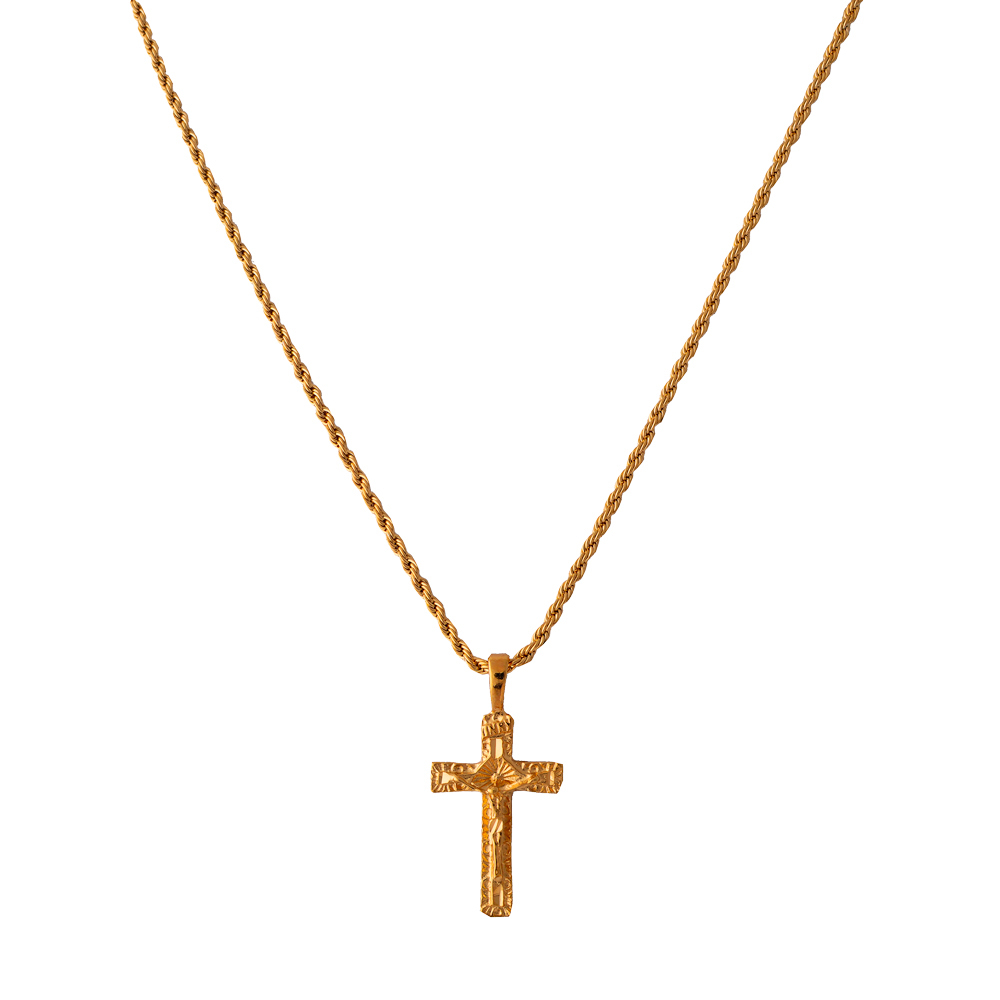 18K Gold Plated Cross Pendant On Rope Chain Made In USA LIFETIME