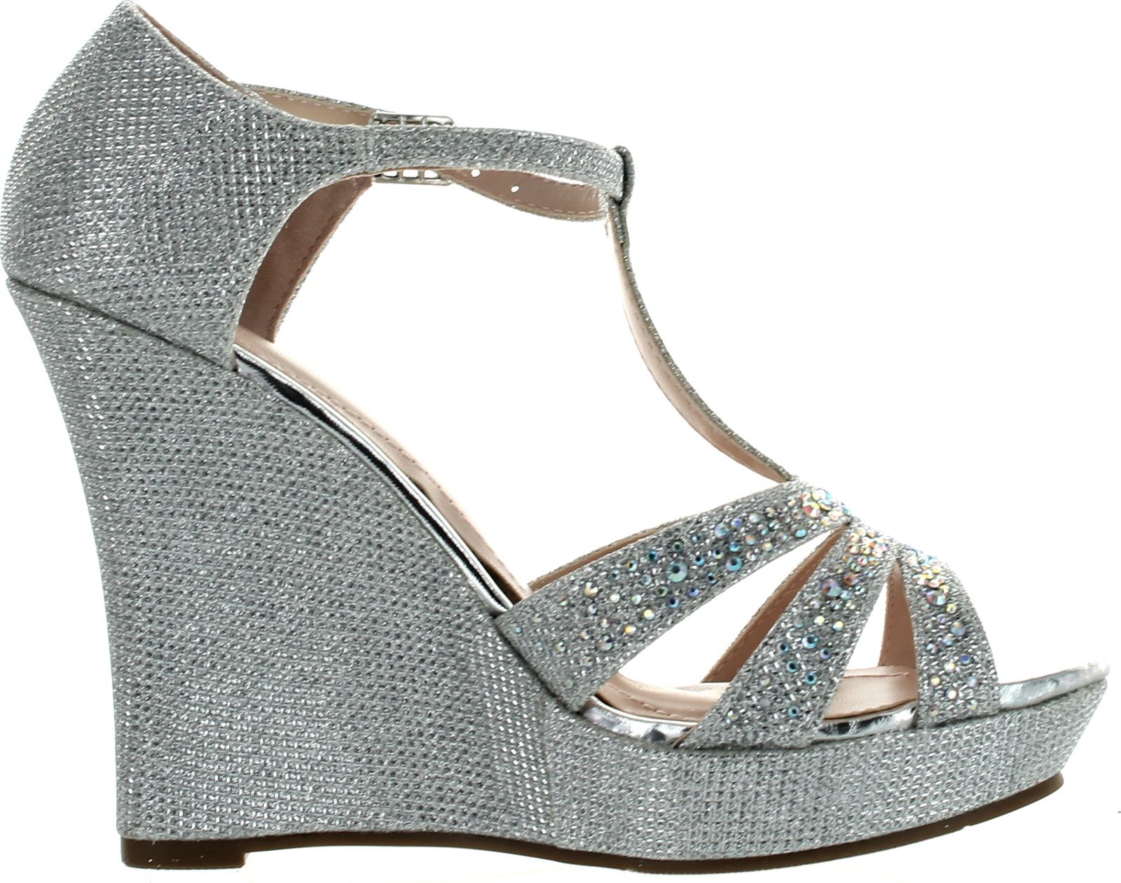 Deblossom Womens Dressy Glitter Rhinestone T Strap Platform Wedge