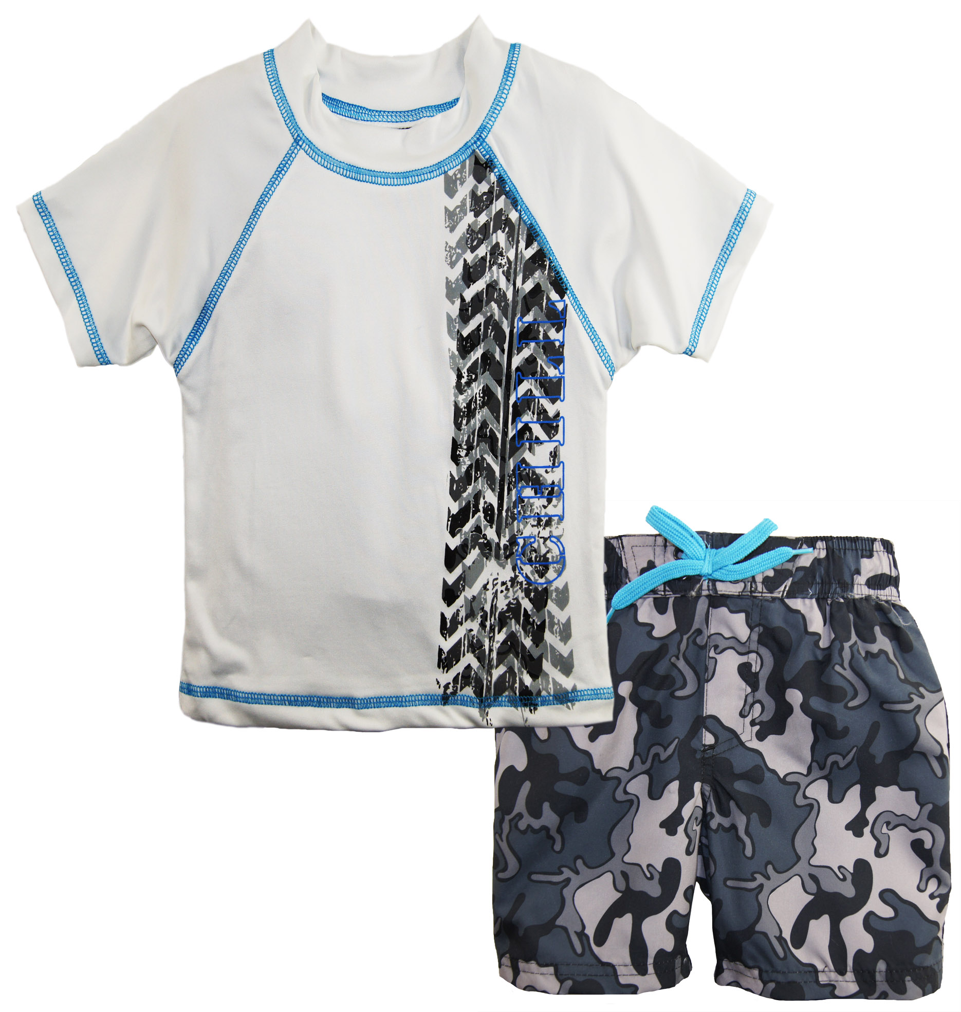Big Chill Little Boys Camo Trucks 2 Piece Rash Guard Swim Trunk Set UPF