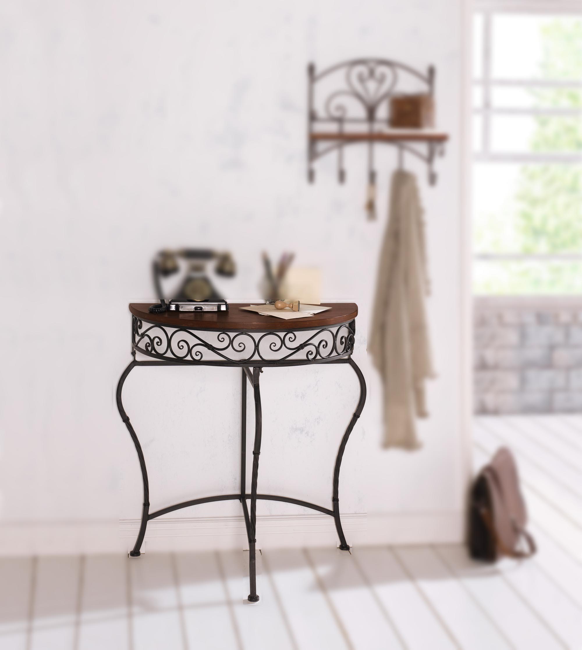 Boston Metal Half Moon Console Table with Wood Top, Scroll Accent, Dark
