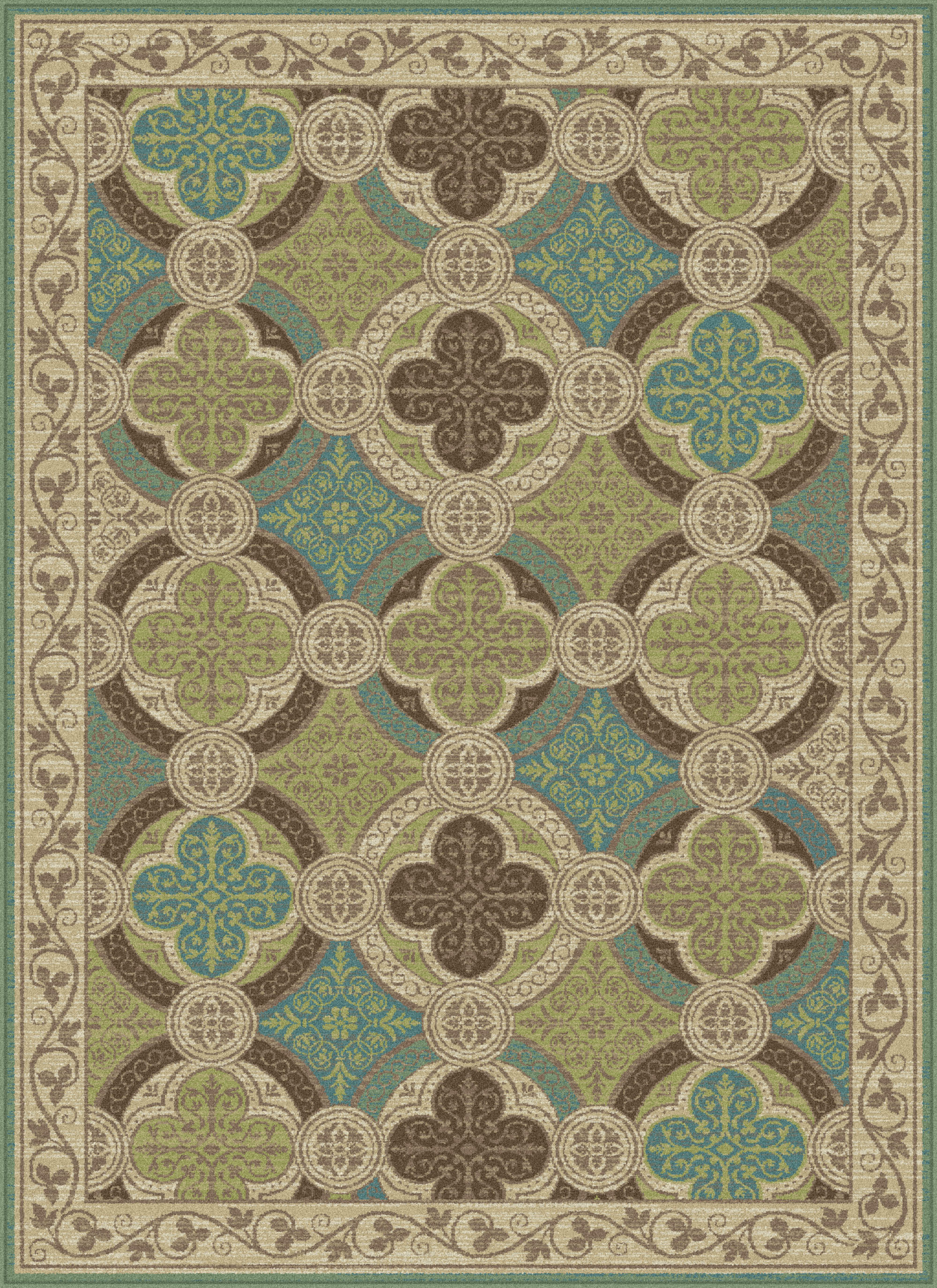 Beige Transitional Vine Border Area Rug Geometric Circles Leaves Casual