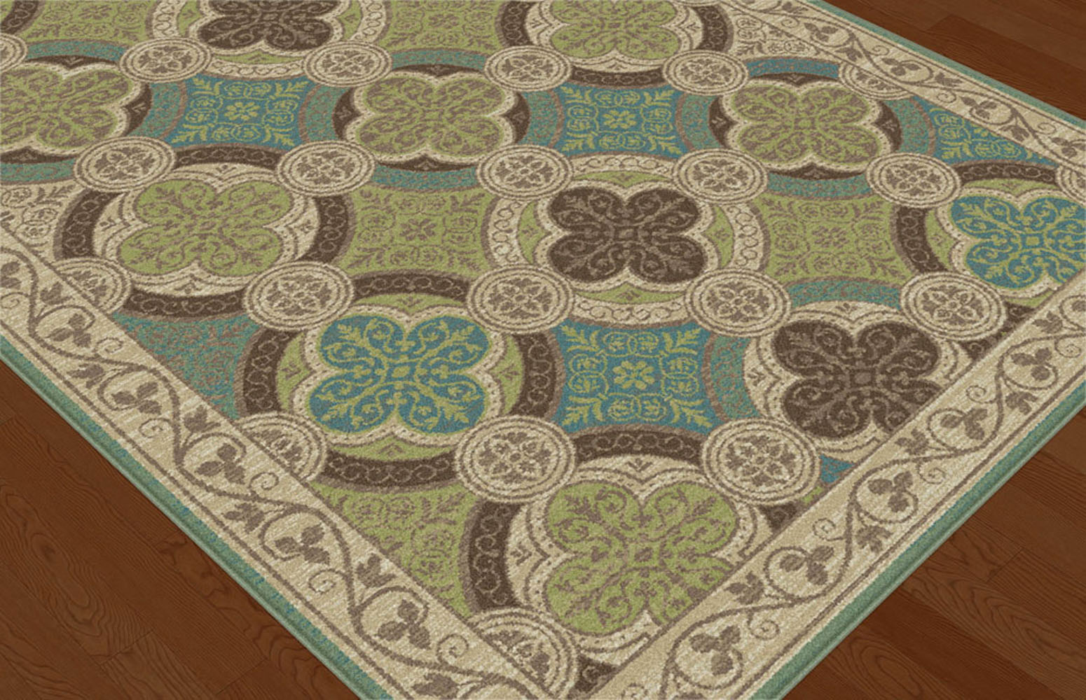 Beige Transitional Vine Border Area Rug Geometric Circles Leaves Casual