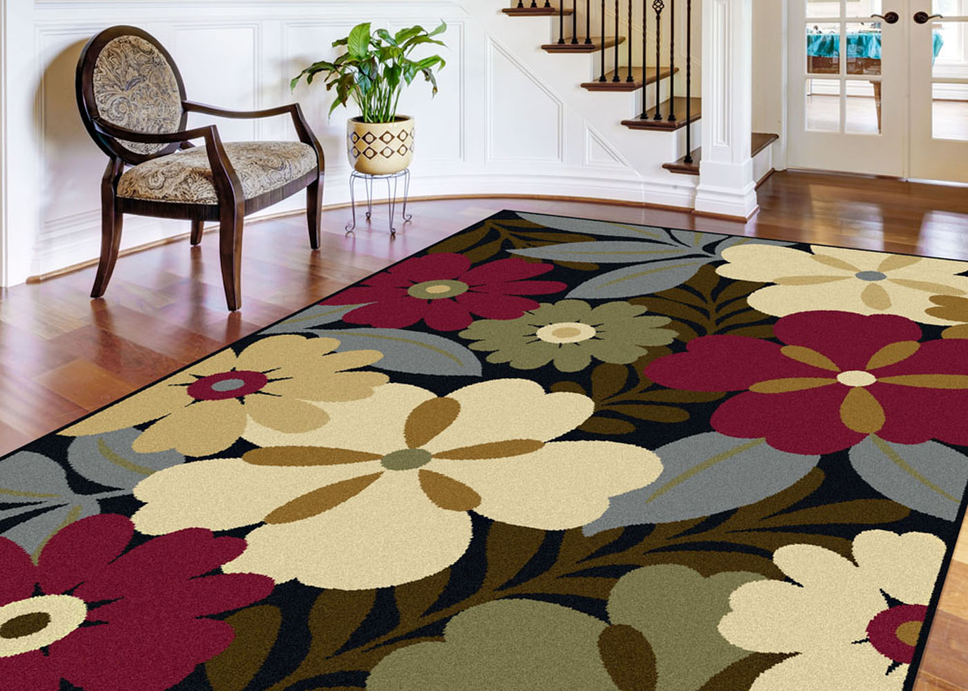 MultiColor Contemporary Floral Area Rug Leaves Fern Daisies Modern