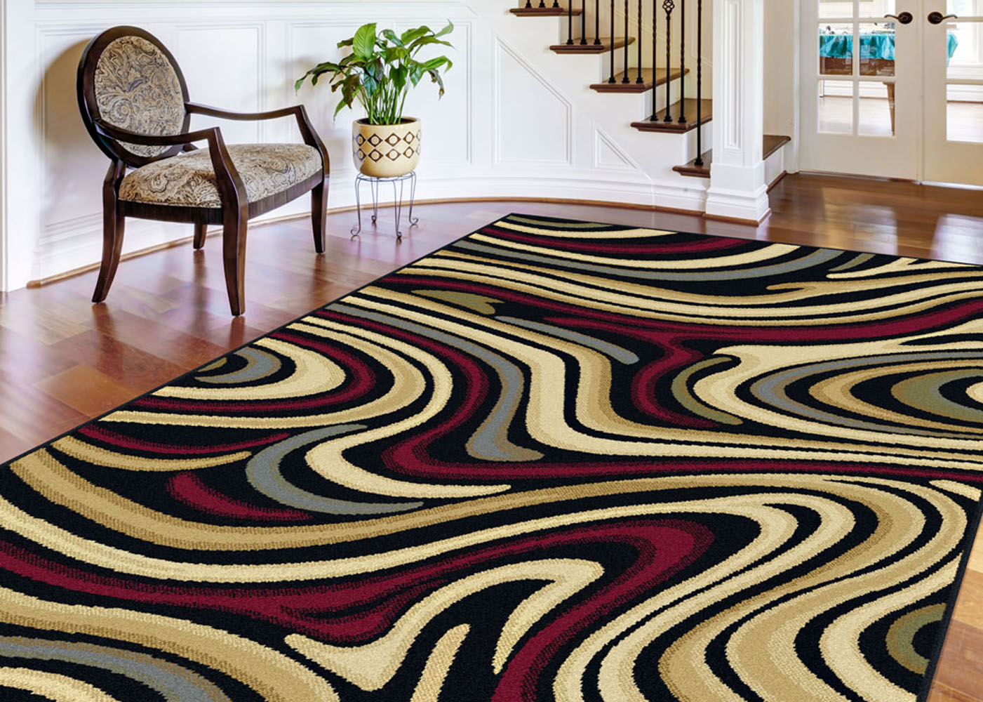 Gray Contemporary Wave Area Rug Swirl Abstract MultiColor Stripe