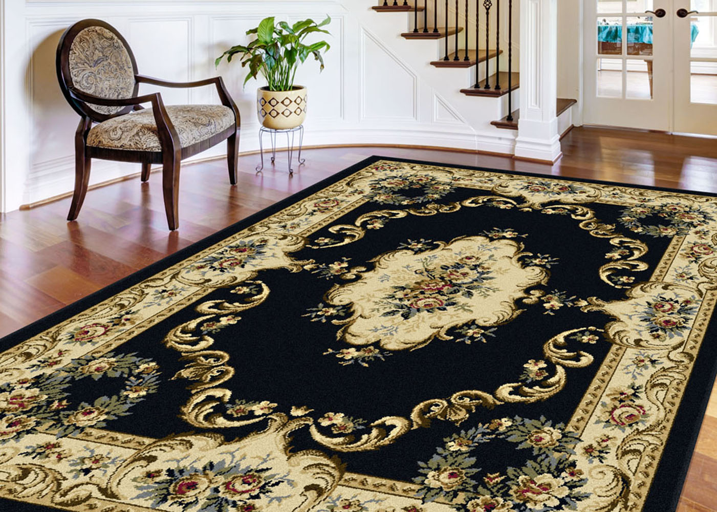 Black Traditional Oriental Border Floral Area Rug Roses Medallion