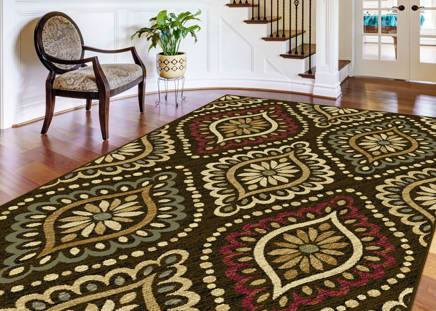 Brown Transitional Floral Area Rug Geometric Dots Casual MultiColor
