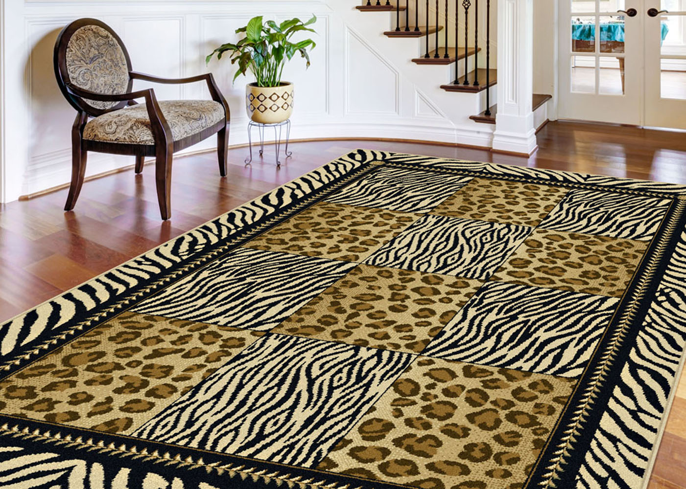 MultiColor Casual Leopard Print Geometric Squares Area Rug Zebra