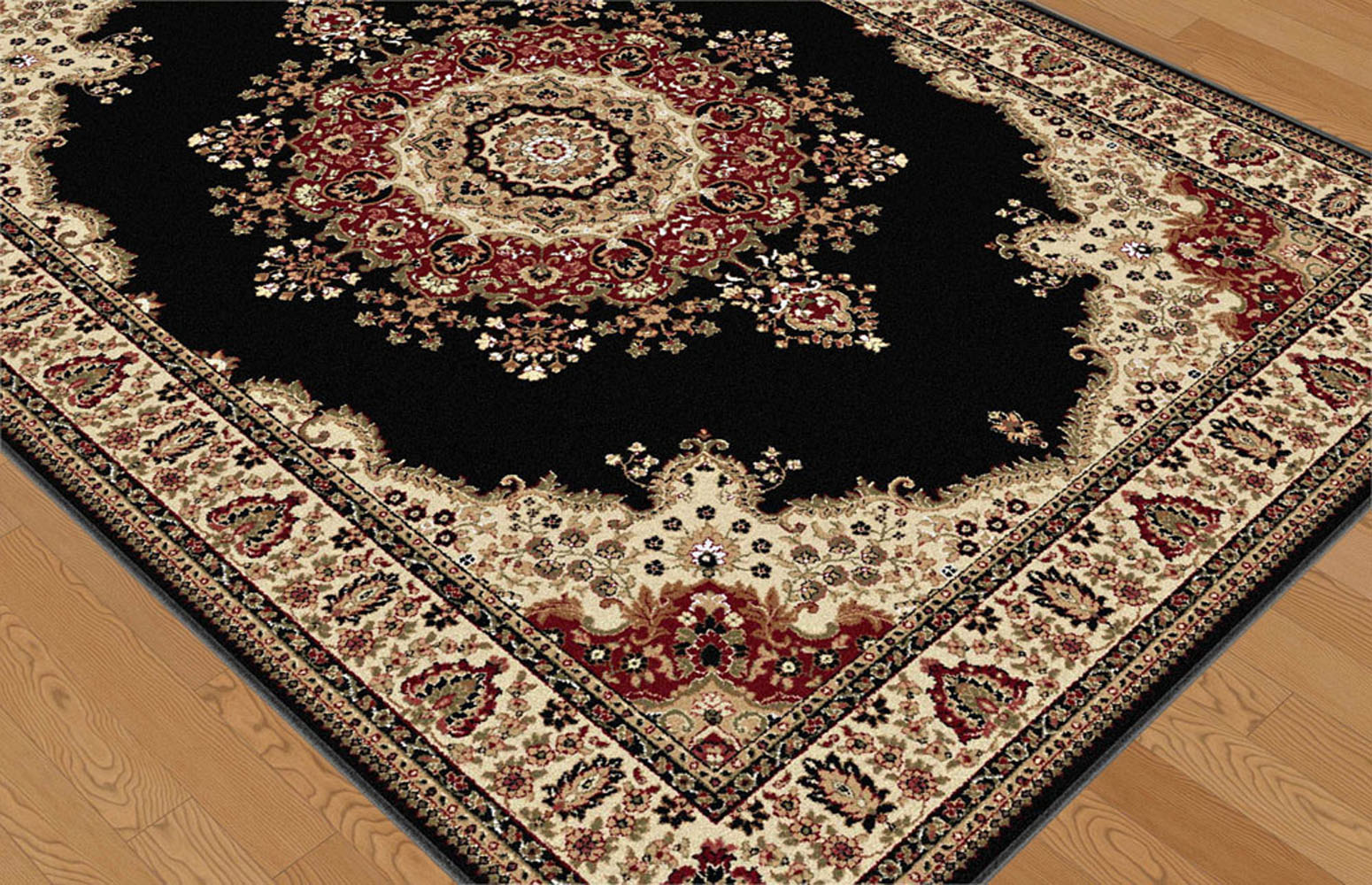 BLACK traditional ORIENTAL area RUG medallion FLORAL red IVORY persian