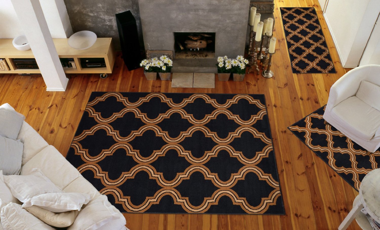 3 Pc Set Modern Contemporary Geometric Area Rug Runner Accent Mat Carpet