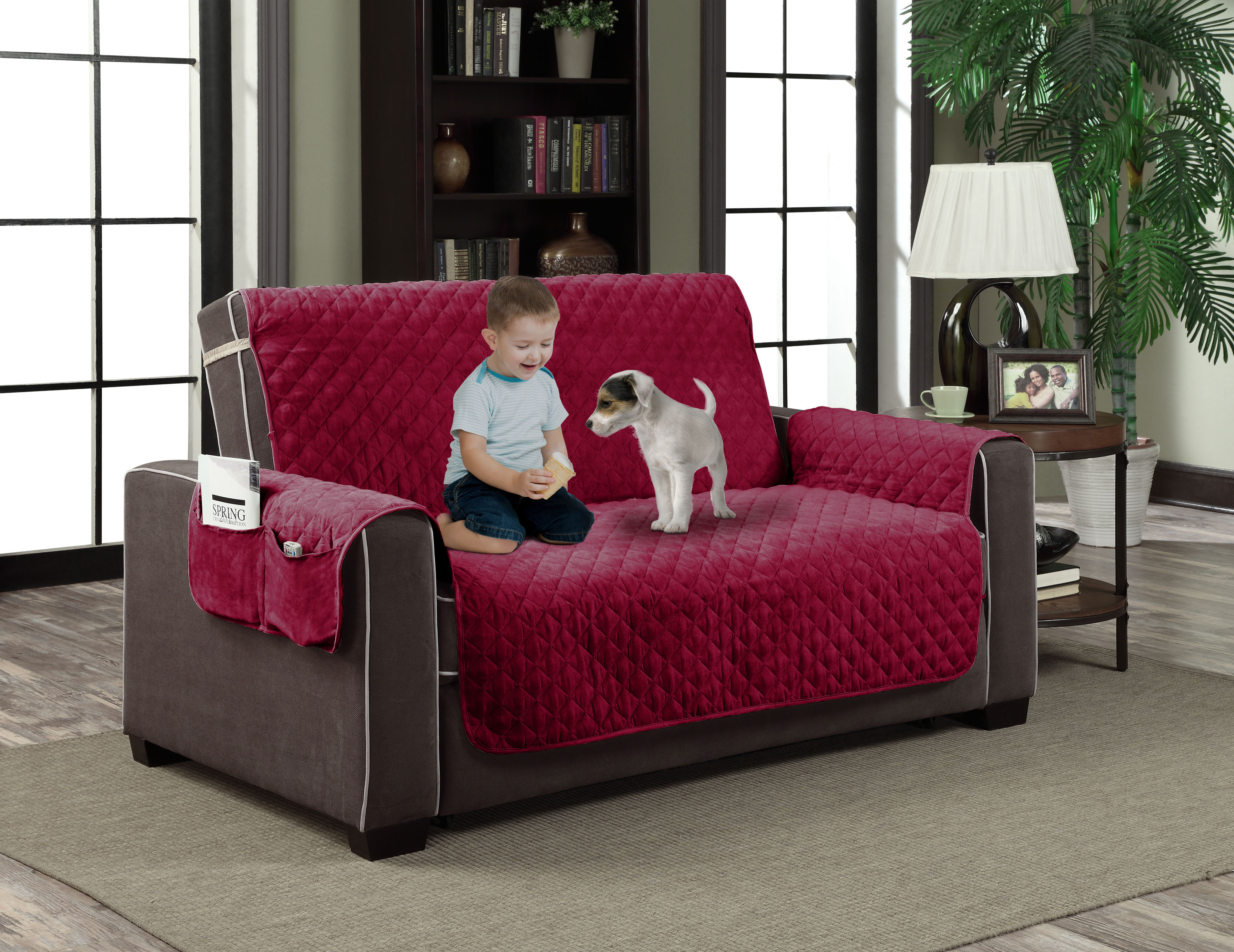 Pocket Red Microfiber Couch Slipcover Pet Dog Cat Furniture Reversible Protector