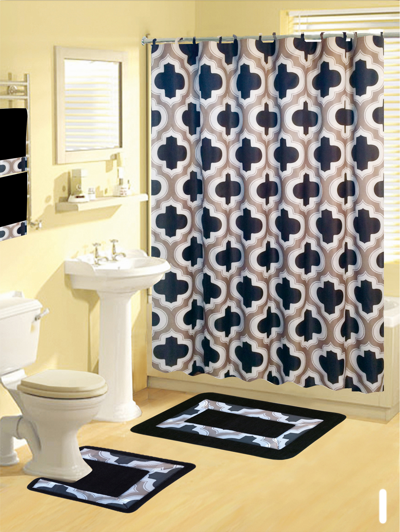 Shower Curtains 17 pcs Set Contemporary Bath Mat Contour Rug Hooks Hand